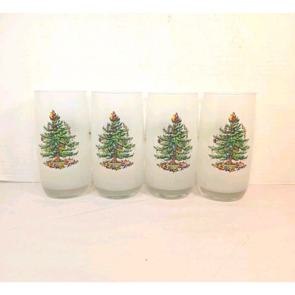Spode Christmas Tree Tumblers Drinking Glasses 1980's England 6"H Set of 4